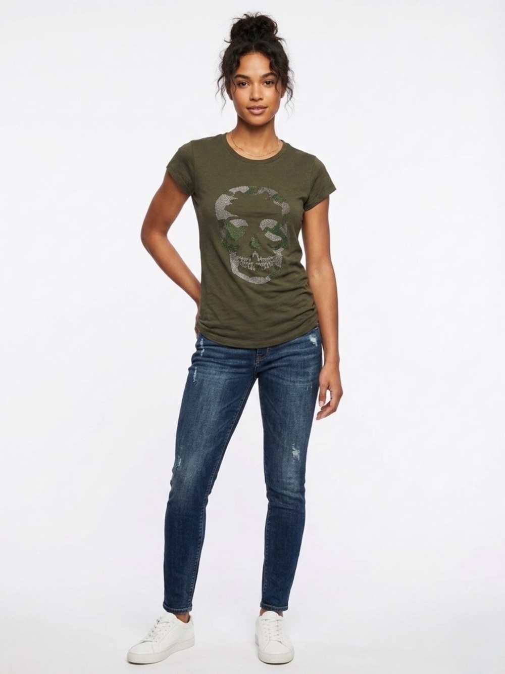 Zadig & Voltaire Rhinestone Skull Graphic T-Shirt Olive Green Camo Sequin Small